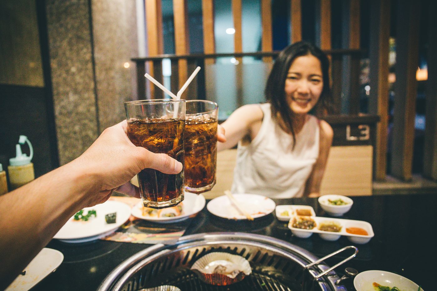 Korean BBQ dinner table with friends